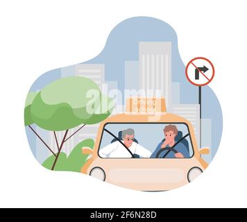 Illustration à plat du vecteur de conduite scolaire. L'étudiant pratique et apprend les règles de circulation pour réussir les examens de permis de conduire. Instructeur de voiture enseignant à un jeune homme de conduire une voiture pendant les cours de conduite. Illustration de Vecteur