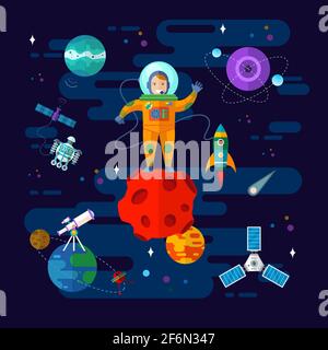 L'astronaute explore de nouvelles planètes et de l'espace dans un style plat Illustration de Vecteur