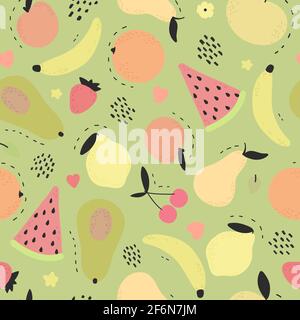 Joli motif de fruits dessinés à la main sans couture sur fond vert. Texture de couleur vive d'été. Poire, avocat, pastèque, citron, banane, pêche, orange Illustration de Vecteur