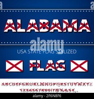 Police de drapeau d'état Alabama USA. Alphabet, chiffres et symboles stylisés par drapeau d'état. Jeu de caractères vectoriel Illustration de Vecteur