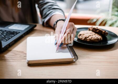 Rédacteur, créateur de contenu, rédaction à distance. Jeune femme freelance dactylographiant sur le clavier en utilisant l'ordinateur portable dans le café, bureau. Rédacteur en cours Banque D'Images