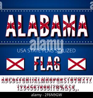 Police de drapeau d'état Alabama USA. Alphabet, chiffres et symboles stylisés par drapeau d'état. Jeu de caractères vectoriel Illustration de Vecteur