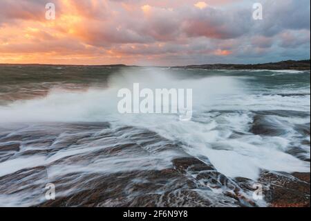 Vagues s'écrasant sur la plage au coucher du soleil, en Suède Banque D'Images