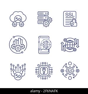 Icônes de la ligne de technologie réseau 5G en blanc Illustration de Vecteur