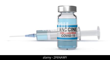 Flacon et seringue de vaccin contre le coronavirus en arrière-plan. Rendu 3D Banque D'Images