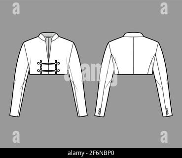 Veste Spencer illustration technique de la mode avec coupe courte, manches longues, col montant, fermeture bouton grenouille. Modèle de blazer plat à l'avant, à l'arrière, de couleur blanche. Femmes, hommes, unisex top CAD maquette Illustration de Vecteur