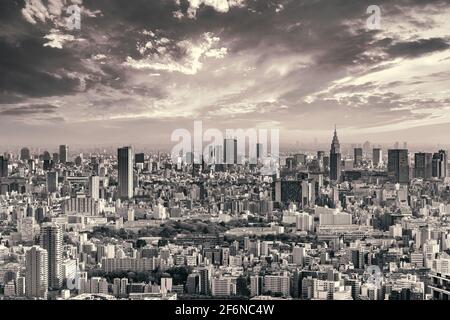 tokyo, japon - mars 15 2021: Photographie en noir et blanc d'un panorama des gratte-ciels de Shinjuku avec le bâtiment NTT DoCoMo Yoyogi. Banque D'Images