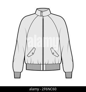 Veste Harrington Bomber zippée illustration technique de la mode avec poignets côtelés, taille, grandes manches raglan longues, poches à rabat. Modèle de couche plate de couleur grise sur le devant. Femmes hommes unisexe CAD maquette Illustration de Vecteur