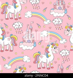 Motif sans couture avec licornes, châteaux et arcs-en-ciel sur fond rose. Illustration vectorielle pour fête, impression, douche de bébé, papier peint, design, déc Illustration de Vecteur