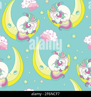 Motif sans couture avec licorne de bébé endormi sur la lune sur fond turquoise. Illustration vectorielle pour fête, impression, douche de bébé, papier peint, design, Illustration de Vecteur