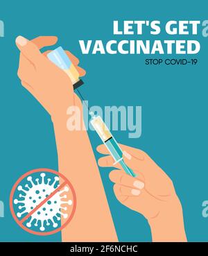 Covid-19 – affiche sur la mise en place du vaccin. Seringue et flacon de vaccin pour la main du médecin. Illustration vectorielle. Faisons le vaccin. Arrêtons Covid-19. Promotion Illustration de Vecteur