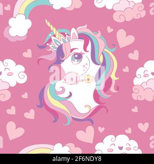 Motif sans couture avec têtes de licorne, nuages et coeurs sur fond rose. Illustration vectorielle pour fête, impression, douche de bébé, papier peint, design, de Illustration de Vecteur