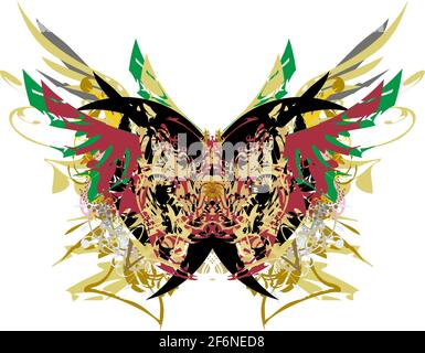 De terribles ailes de papillons éclabousse sur fond blanc. Motifs floraux rouge foncé, dorés et colorés dans les ailes d'un papillon dangereux Banque D'Images