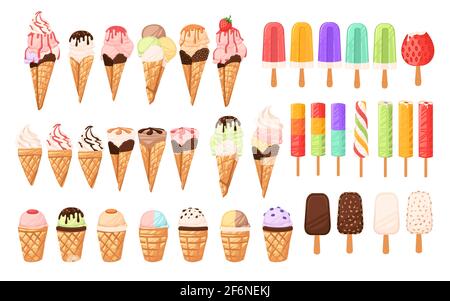 Ensemble de différents cône de crème glacée et barres crèmes glacées avec différentes saveurs chocolat vanille et illustration vectorielle de fruits sur fond blanc. Illustration de Vecteur