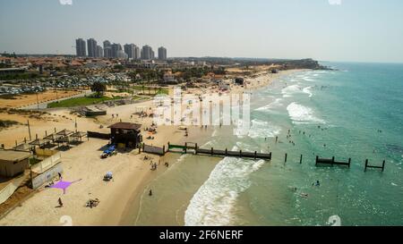 Photographie aérienne du littoral de Hadera, Israël Banque D'Images