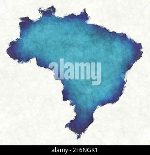 Carte du Brésil avec lignes dessinées et illustration bleu aquarelle Banque D'Images