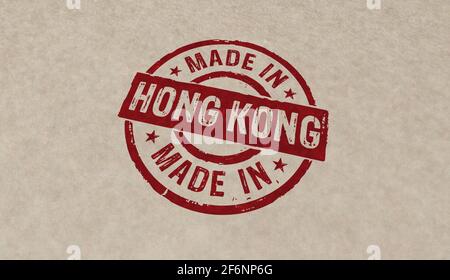 Fabriqué en icônes de timbre de Hong Kong en quelques versions de couleur. Illustration du rendu 3D du concept de l'usine, de la fabrication et de la production. Banque D'Images
