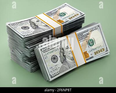 Pile de billets de 100 dollars sur fond vert. Illustration 3D. Banque D'Images