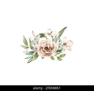 Ensemble brun couronne avec fleurs et feuilles. Bouquet d'aquarelle pour les cartes de vœux, d'invitation et de mariage. Arrière-plan blanc clipart isolé Banque D'Images