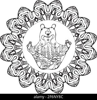 Ours en posture de yoga avec ornements floraux en forme de mandala fractale, Illustration de Vecteur