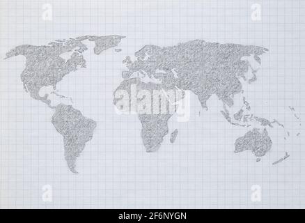 Carte du monde dessinée à la main et esquissée au crayon sur un graphique ou une grille. Banque D'Images