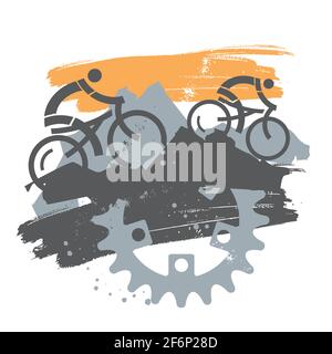 VTT, excursion en montagne, chaîne de vélo. Grunge expressif illustration stylisée des cyclistes de VTT et de l'équipement. Vecteur disponible. Illustration de Vecteur