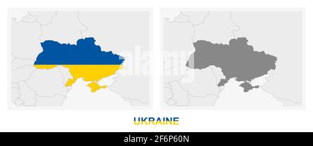 Deux versions de la carte de l'Ukraine, avec le drapeau de l'Ukraine et surligné en gris foncé. Carte vectorielle. Illustration de Vecteur