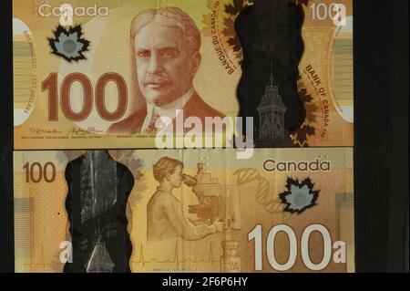 Robert Borden Portrait du Canada 100 dollars 2011 Billets en polymère Un ancien billet de banque en polymère rétro vintage célèbre collection de billets de banque anciens Banque D'Images