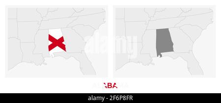 Deux versions de la carte de l'État américain de l'Alabama, avec le drapeau de l'Alabama et surligné en gris foncé. Carte vectorielle. Illustration de Vecteur