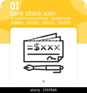 Icône de vecteur de vérification avec un style de contour noir de haute qualité isolé sur fond blanc. Modèle de concept de symbole de chèque de banque d'illustration pour le Web Illustration de Vecteur