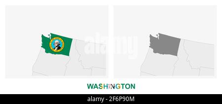 Deux versions de la carte de l'État américain de Washington, avec le drapeau de Washington et surligné en gris foncé. Carte vectorielle. Illustration de Vecteur