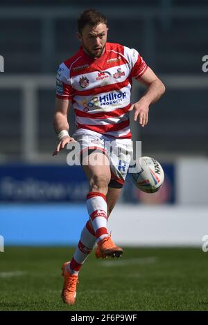 St Helens, Royaume-Uni. 02 avril 2021. Ryan Brierley (1), de Leigh Centurions, entre en contact à St Helens, au Royaume-Uni, le 4/2/2021. (Photo de Richard long/News Images/Sipa USA) crédit: SIPA USA/Alay Live News Banque D'Images