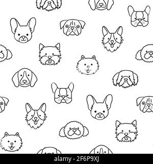 Motif sans couture avec têtes de chiens de différentes races. Corgi, Pug, Chihuahua, Terrier, Poodle et shih tzu. Illustration de Vecteur