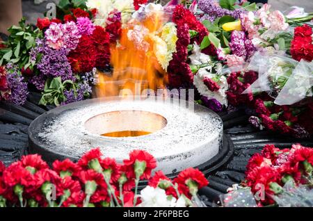 Flamme éternelle. Au monument aux soldats tombés. Fleurs par le feu. Banque D'Images