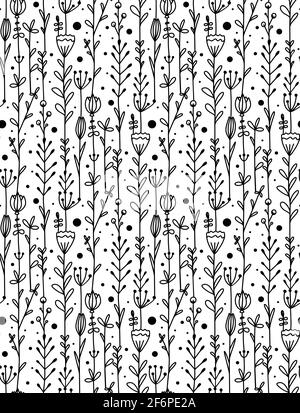 Motif sans couture avec guirlande de fleurs et de branches. Texture monochrome naturelle avec pétales et feuilles. Fond d'écran vectoriel avec dessin griffé Illustration de Vecteur