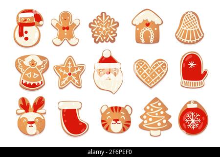 Pain d'épice noël mignon biscuits ensemble. Chapters à biscuits pour le nouveau design de l'année. Illustration du cataroon vectoriel. Illustration de Vecteur