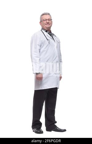 Smiling professional older man doctor wears white coat, glasses and stethoscope Stock Photo