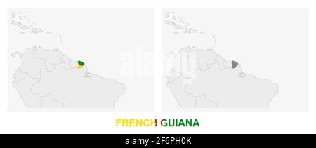 Deux versions de la carte de la Guyane française, avec le drapeau de la Guyane française et surligné en gris foncé. Carte vectorielle. Illustration de Vecteur