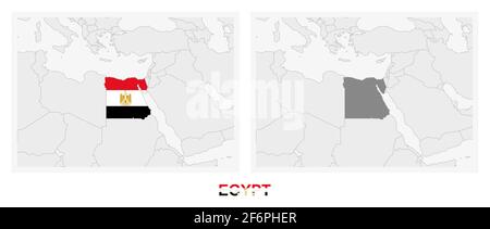 Deux versions de la carte de l'Égypte, avec le drapeau de l'Égypte et surligné en gris foncé. Carte vectorielle. Illustration de Vecteur