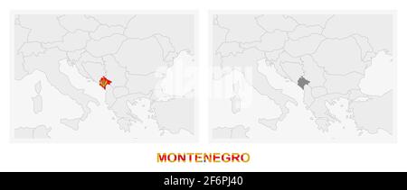 Deux versions de la carte du Monténégro, avec le drapeau du Monténégro et surlignées en gris foncé. Carte vectorielle. Illustration de Vecteur