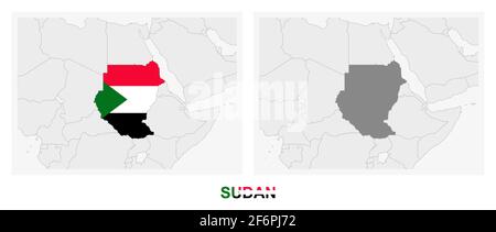 Deux versions de la carte du Soudan, avec le drapeau du Soudan et surligné en gris foncé. Carte vectorielle. Illustration de Vecteur