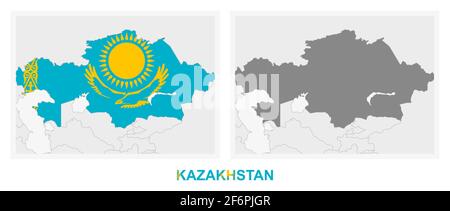 Deux versions de la carte du Kazakhstan, avec le drapeau du Kazakhstan et surligné en gris foncé. Carte vectorielle. Illustration de Vecteur