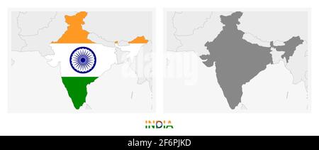 Deux versions de la carte de l'Inde, avec le drapeau de l'Inde et surligné en gris foncé. Carte vectorielle. Illustration de Vecteur