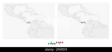 Deux versions de la carte du Panama, avec le drapeau du Panama et surligné en gris foncé. Carte vectorielle. Illustration de Vecteur