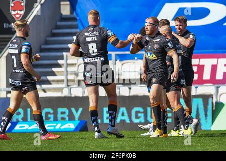 Oliver Holmes (11) de Castleford Tigers célèbre son essai dans , le 4/2/2021. (Photo de Craig Thomas/News Images/Sipa USA) Banque D'Images