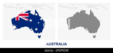 Deux versions de la carte de l'Australie, avec le drapeau de l'Australie et surligné en gris foncé. Carte vectorielle. Illustration de Vecteur