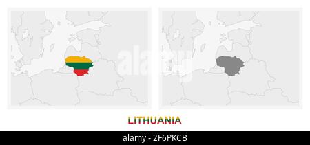 Deux versions de la carte de Lituanie, avec le drapeau de la Lituanie et surligné en gris foncé. Carte vectorielle. Illustration de Vecteur