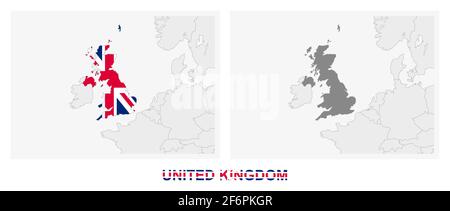 Deux versions de la carte du Royaume-Uni, avec le drapeau du Royaume-Uni et surlignées en gris foncé. Carte vectorielle. Illustration de Vecteur