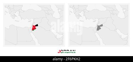 Deux versions de la carte de Jordanie, avec le drapeau de Jordanie et surligné en gris foncé. Carte vectorielle. Illustration de Vecteur