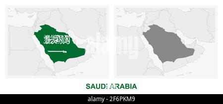 Deux versions de la carte de l'Arabie saoudite, avec le drapeau de l'Arabie saoudite et surlignées en gris foncé. Carte vectorielle. Illustration de Vecteur